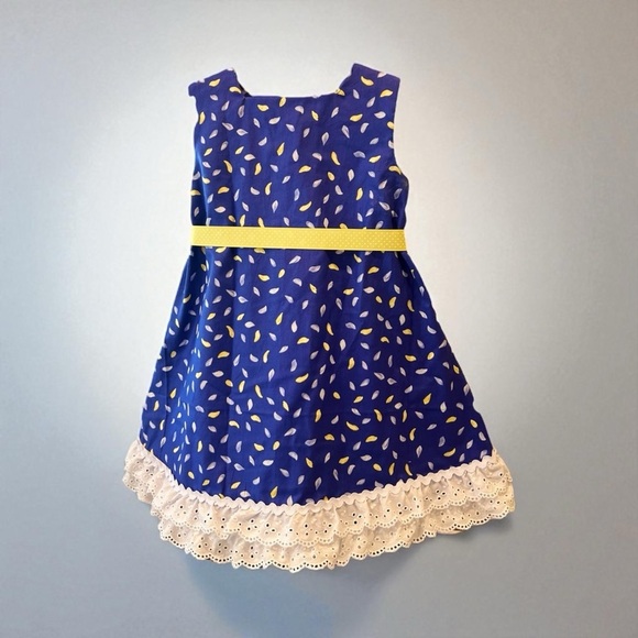 Handmade 4T Blue Dress with Yellow Accents & Eyelet Lace Trim - Picture 2 of 5